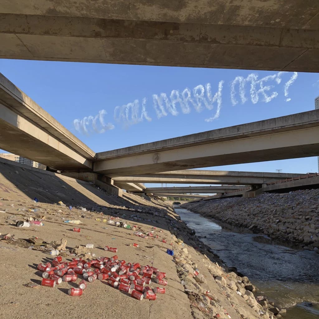 Red soda cans and other garbage sit strewn across the bank of an urban river only a few metres wide. Concrete overpasses criss cross overhead on a bright and sunny day. Fading skywriting proposes marriage
