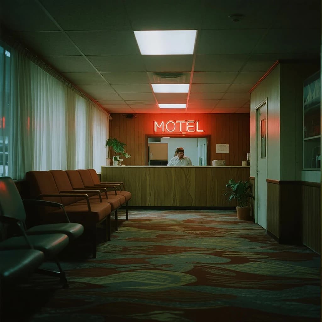 Show a faded 70s motel lobby with humming neon, sticky carpet, film grain.