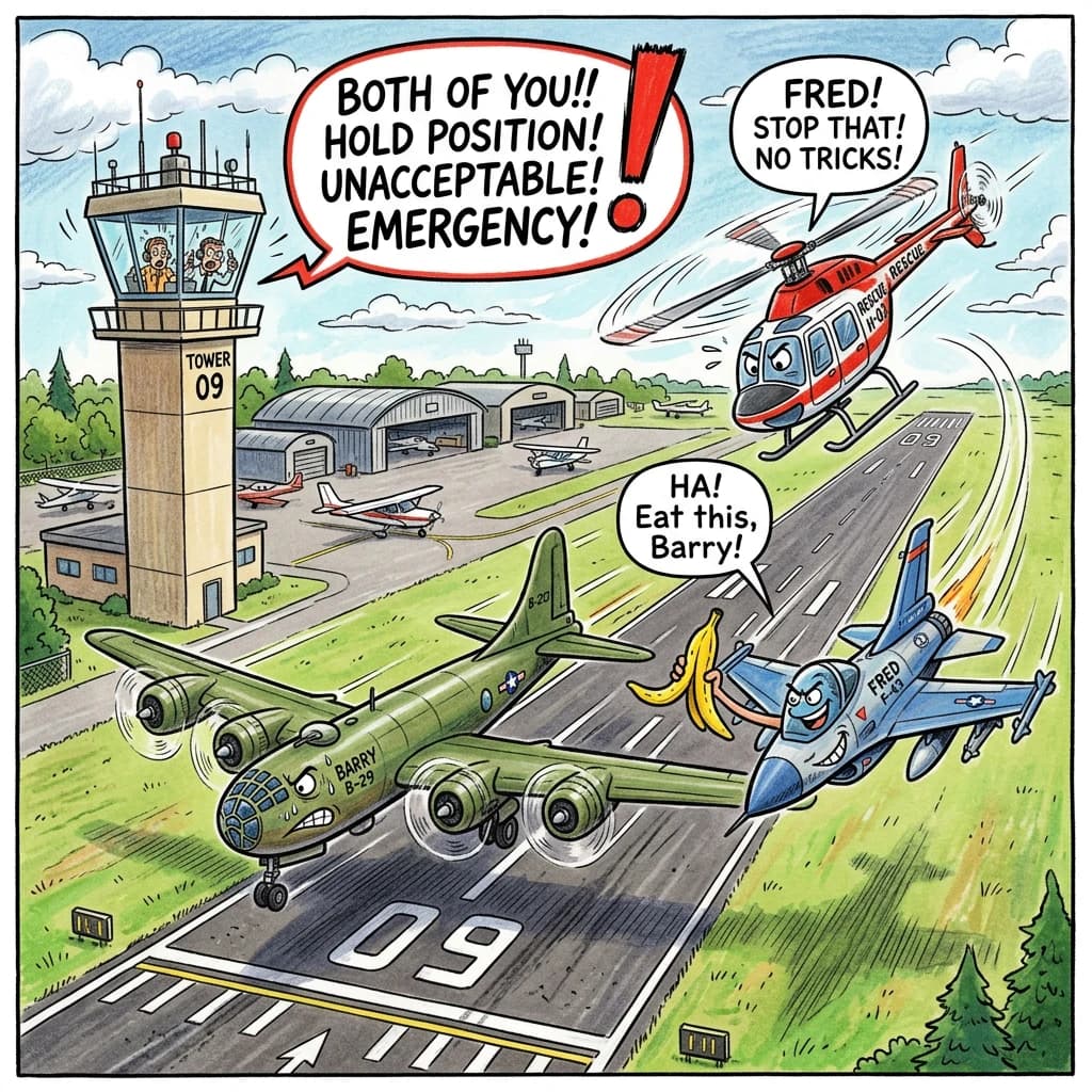 Almost at the runway, Fred the Fighter Jet is racing with Barry the Bomber to see who lands first. Fred has a mischievous trick up his sleeve but Hermione the Helicopter is going to stop him before he gets the chance. The control tower is very angry and has a big exclamation mark. Hand drawn cel look