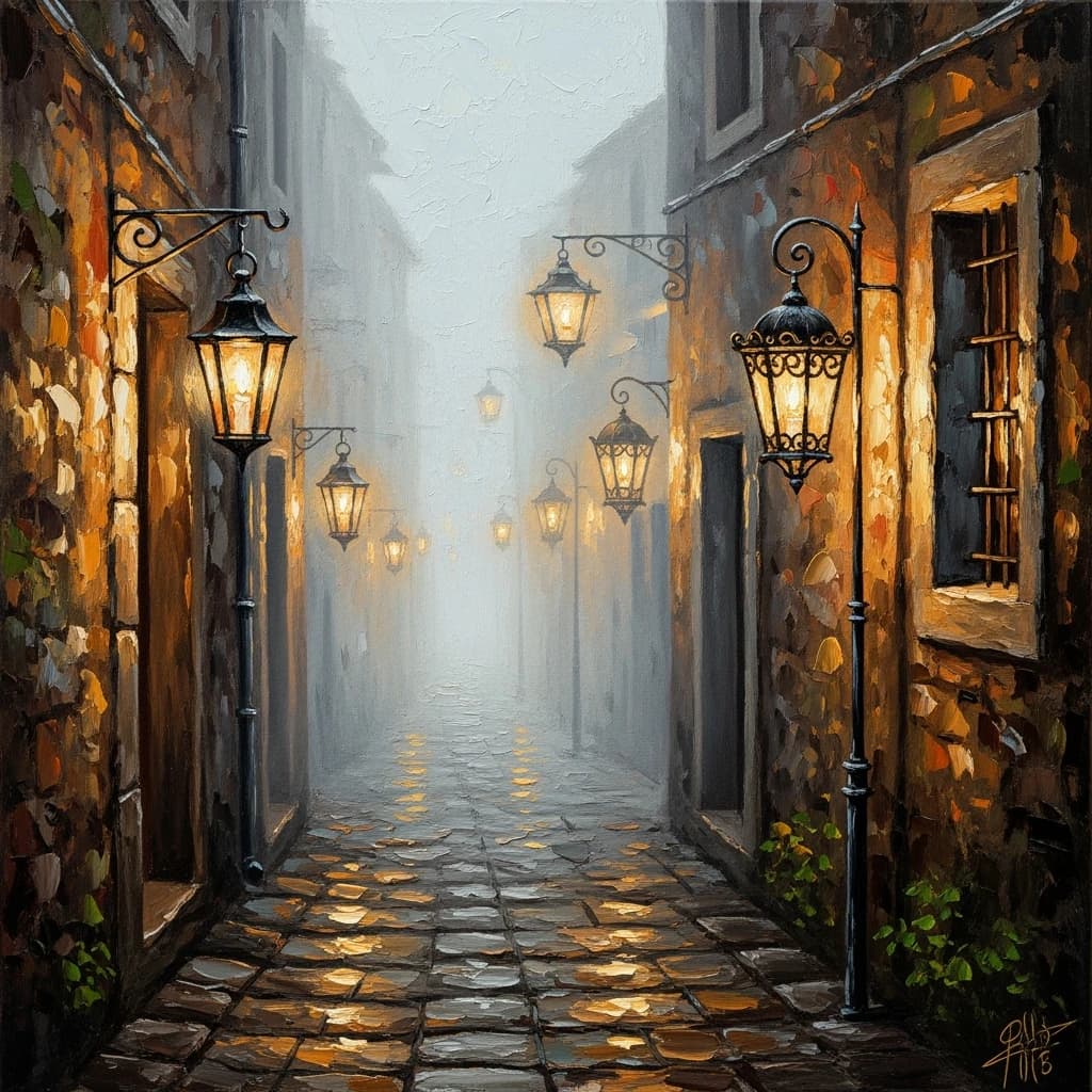 Please create an oil painting of a narrow alley, a bit foggy, glowing lanterns.