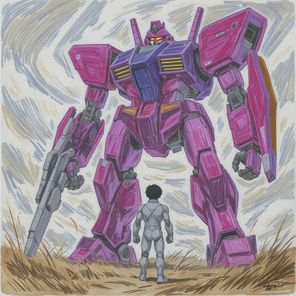 Clad in his body suit up to the neck, young Masa nervously approaches the towering mech with his back facing us. He is nervous for his first time in the field. The mech's bright purple colour scheme contrasts with the grey body suit. The scale of the mech dwarfs Masa. Hand drawn style