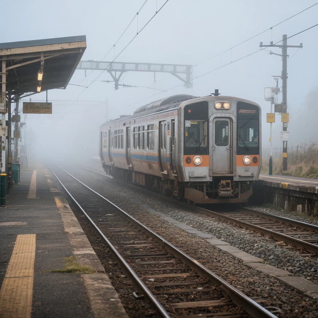 A commuter train enters a foggy little station.