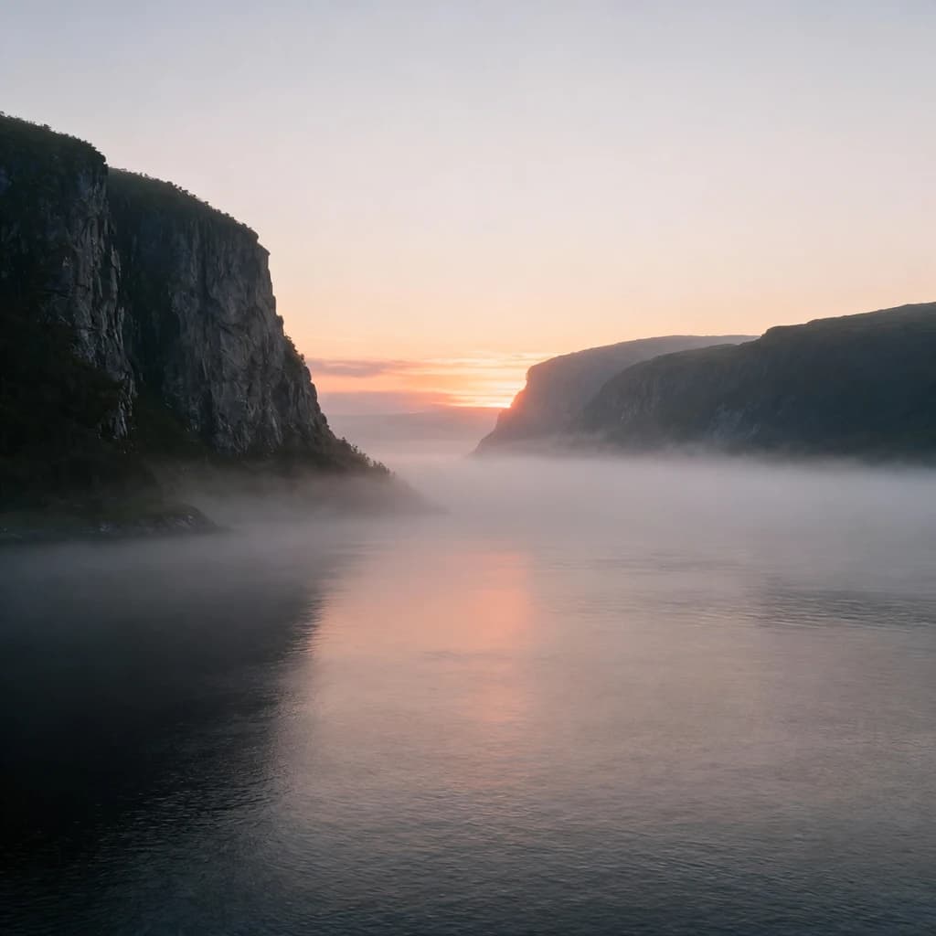 Frame a foggy fjord at sunrise, cliffs looming.