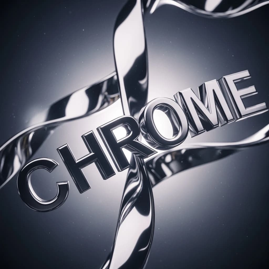 Render chrome 3D letters twisting in midair, soft glow, a bit of grain.