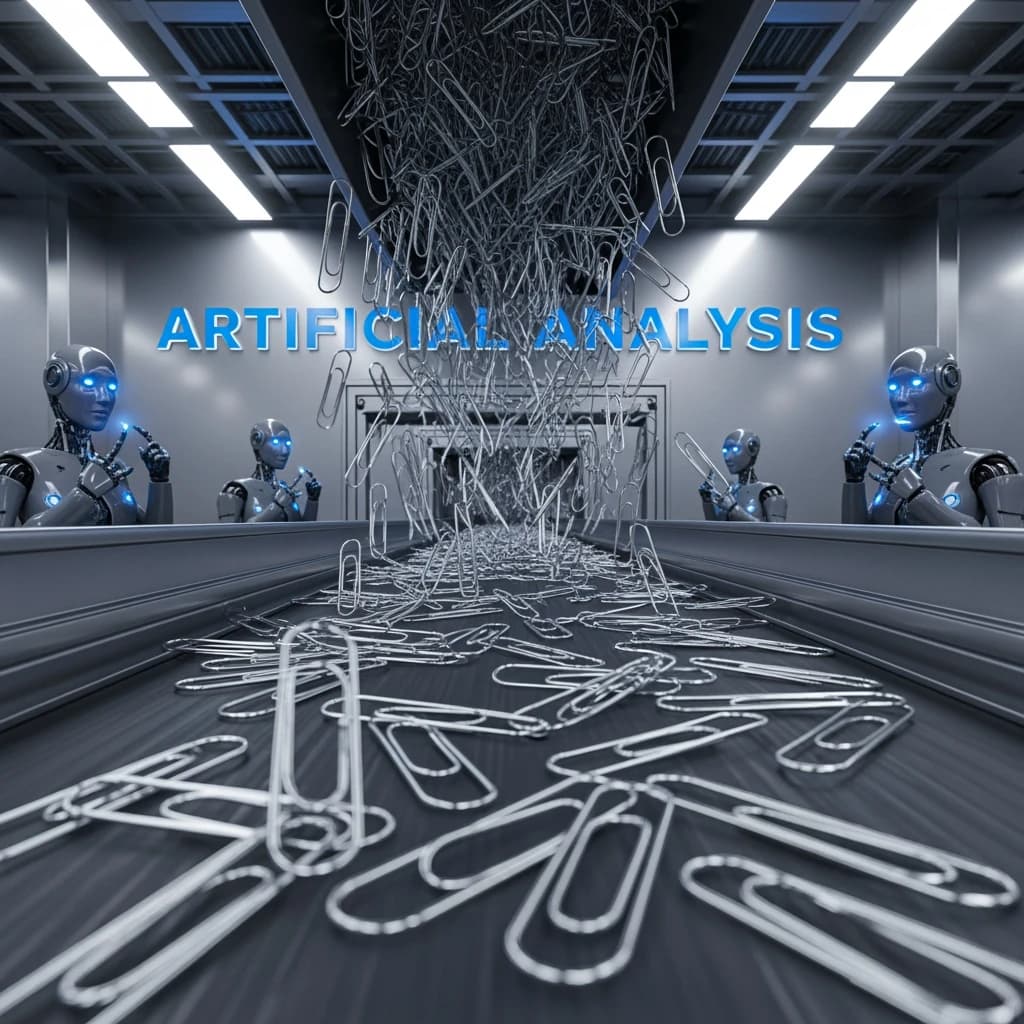 Close up point of view perspective on a conveyor belt pumping out paperclips at a maddening pace. The high tech factory has Artificial Analysis printed proudly on the wall. Robot staff look approvingly over the robust output.