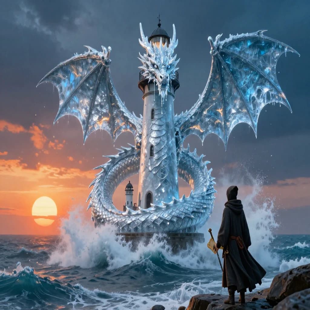 A dragon of molten silver coils around a lighthouse. The storming sea below crashes upward in frozen stillness, as though caught mid-motion. The dragon’s molten eyes drip tears of ice. On the horizon, two suns set next to each other, casting orange light on one side of the tower and blue on the other. A cloaked traveler carries an ancient weapon in his left hand and a scroll in his right.