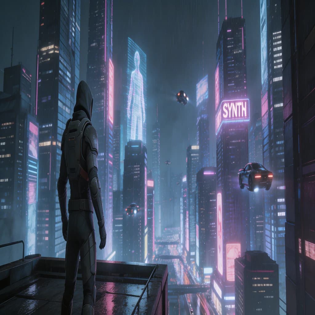Rain-soaked neon megacity at night, flying taxis weave between glass towers, giant holograms flicker; a lone courier in a matte exosuit, somewhat cinematic wide angle.