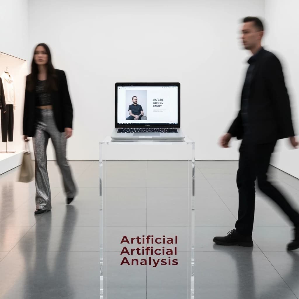 In a spotless gallery space, a pedestal supports a transparent laptop whose screen flickers between static and pristine brand imagery. Shoppers blur past in designer clothes that appear slightly outdated - bell bottoms, metallic jackets. The embossed logo “Artificial Analysis” glints silver, yet its reflection in the glass floor reads in crimson letters. A single spotlight shines, though shadows fall in two directions.