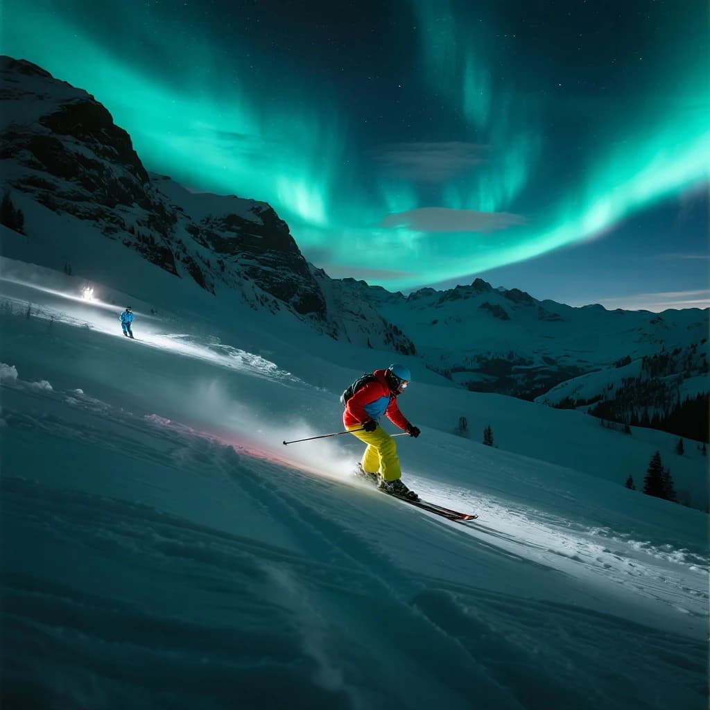 Coronet Peak Night Skiing: Skiers in colorful LED suits carve their way down the slopes of New Zealand's Coronet Peak under the Aurora Borealis, the skiers' light trails visible behind them