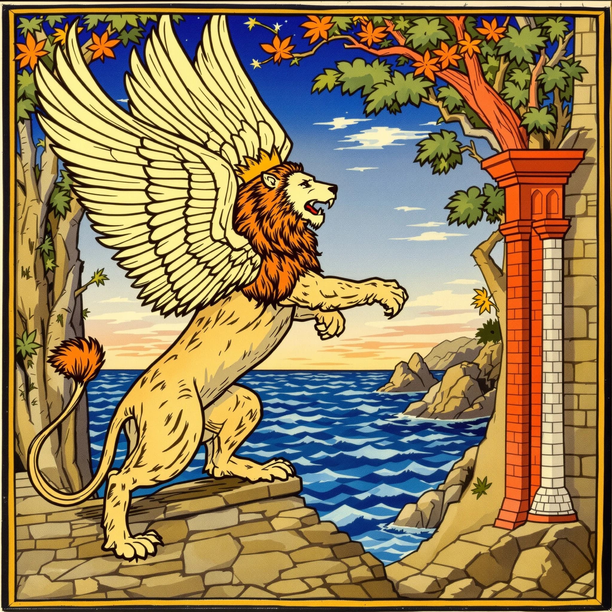 Paint an illuminated manuscript scene of a winged lion guarding a sea gate.