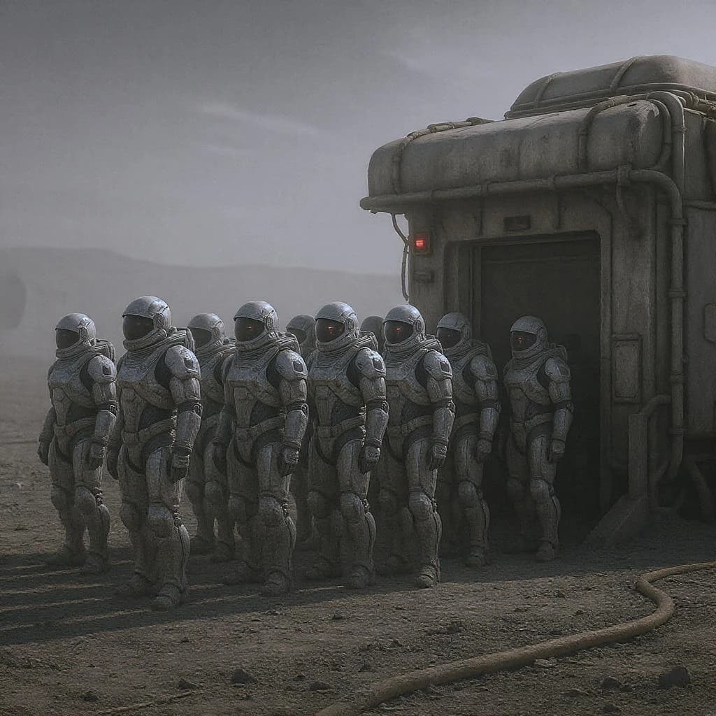 Silver exosuits queue at a dusty lunar checkpoint.