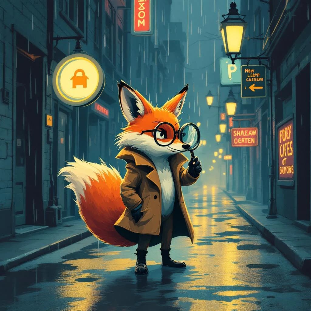 A fox detective stands in a rainy neon alley, bold outlines, flat colors, oversized magnifying glass; a bit moody, puddles reflect signs, raindrops like small dashes.