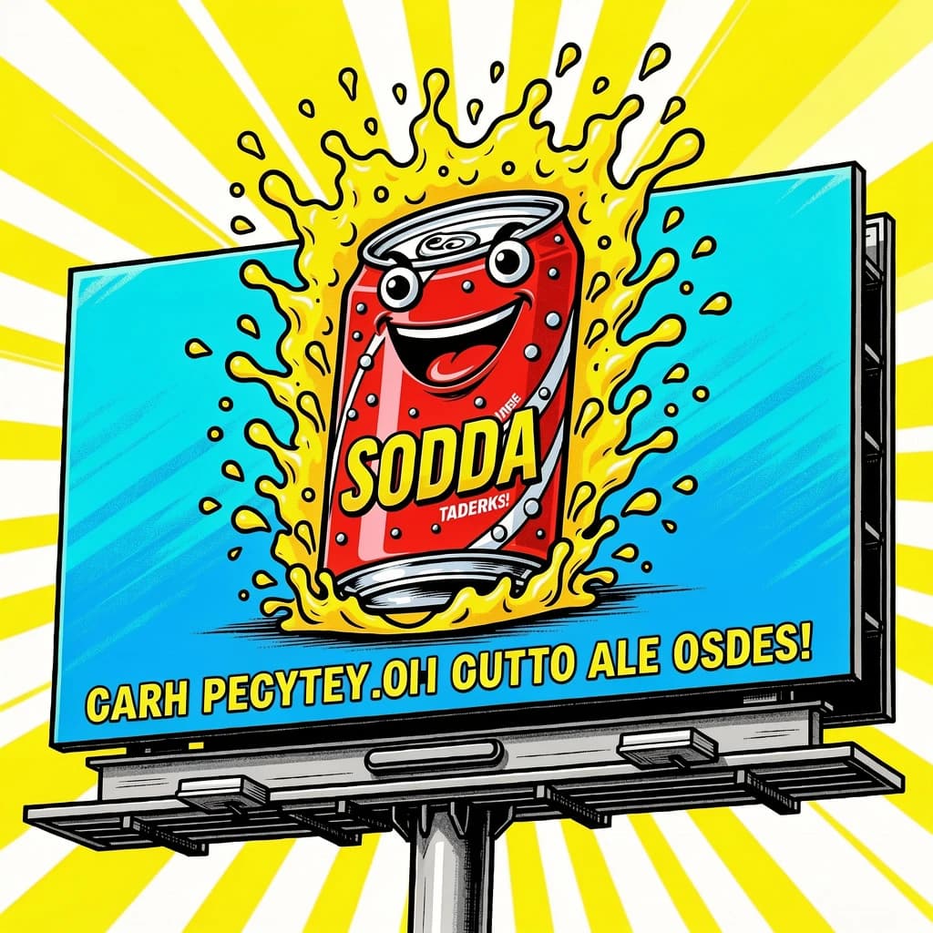 Design a bright soda billboard ad with a bubbly can mascot, thick inky lines.