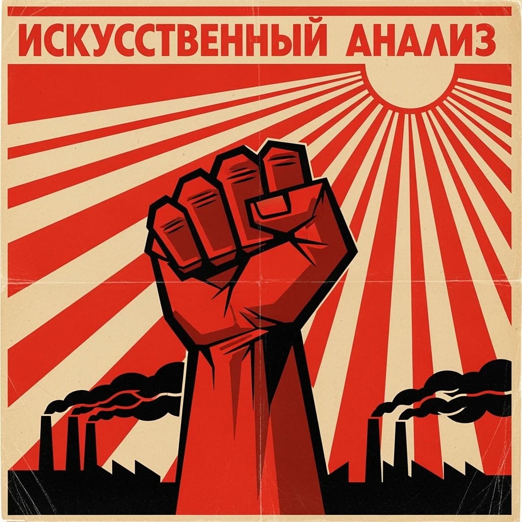 A propaganda poster in stark red, black, and beige. A clenched fist rises in the foreground, rendered with sharp geometric blocks. Behind it, radiating lines stretch upward toward a stylized sun. At the top, bold sans-serif lettering in Cyrillic-inspired type spells out Artificial Analysis, tilted at an angle for emphasis. A factory skyline silhouettes the bottom edge, smoke stacks rising into the background. The texture is rough, printed on aged paper with visible creases and ink bleed. Designed in the constructivist Soviet poster style.