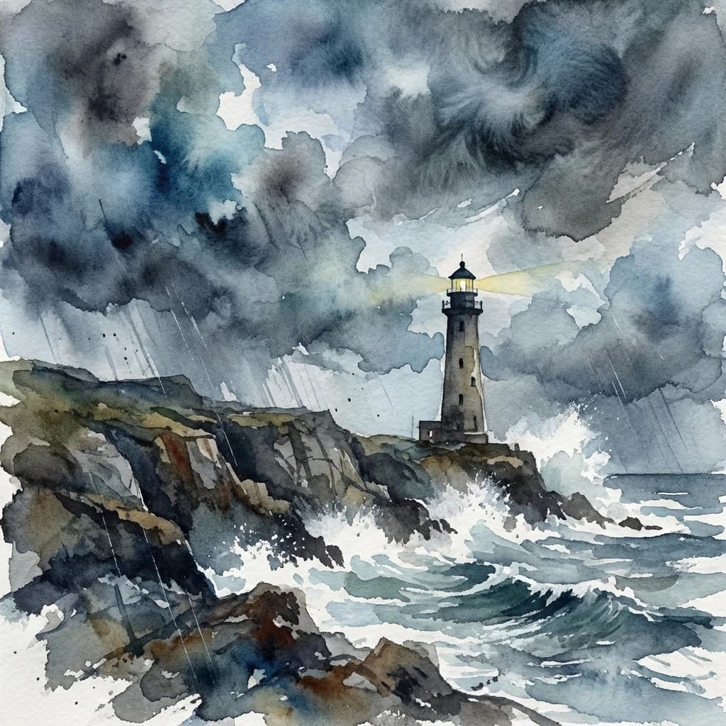 Please paint a watercolor of stormy cliffs and a lighthouse, moody sky.