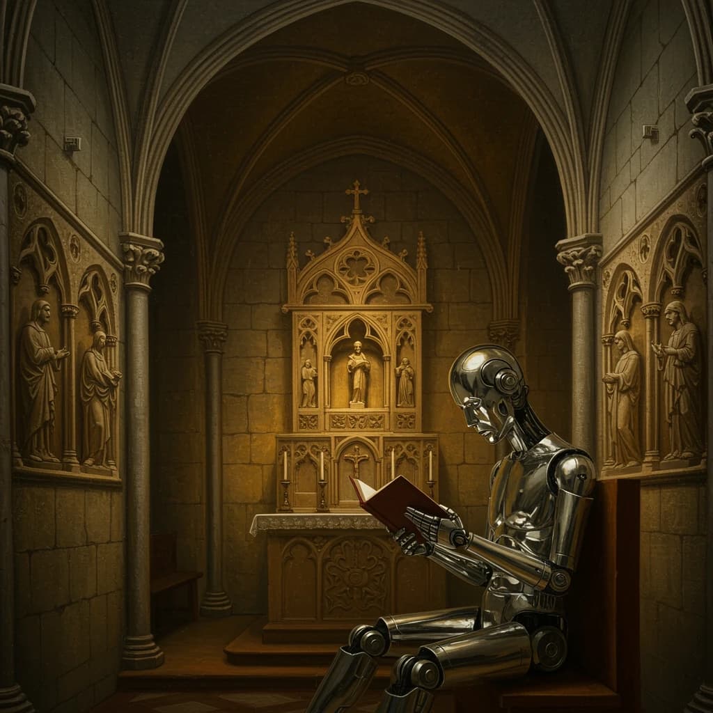 Oil painting of a chrome android reading in a stone chapel, a bit somber.