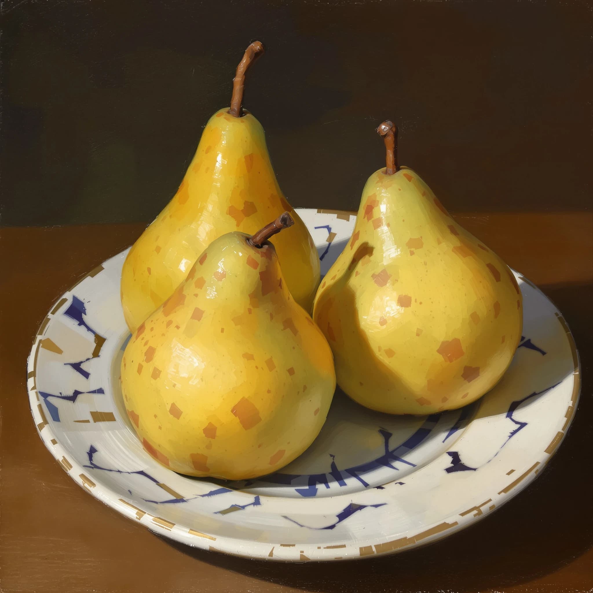 A gouache still life of pears on a chipped plate.
