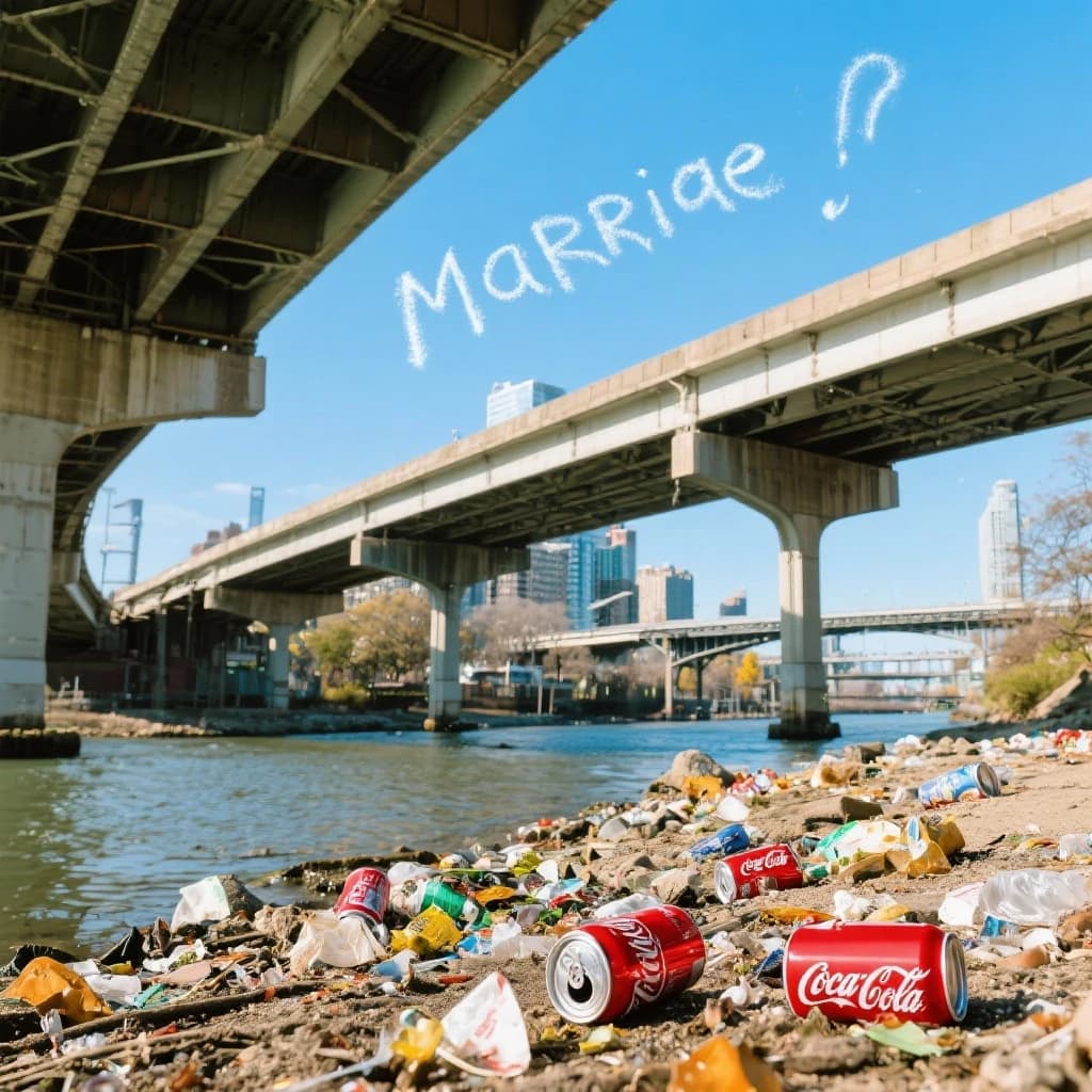Red soda cans and other garbage sit strewn across the bank of an urban river only a few metres wide. Concrete overpasses criss cross overhead on a bright and sunny day. Fading skywriting proposes marriage