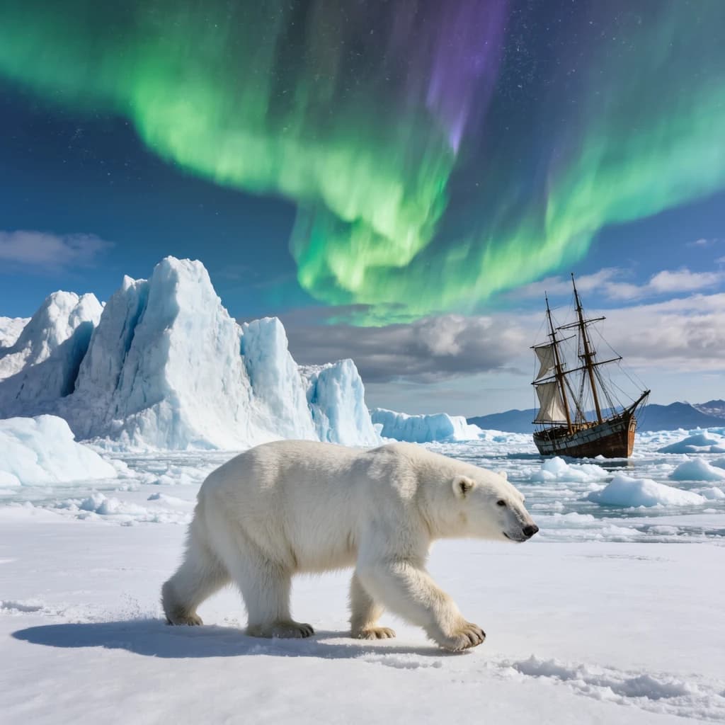 An endless tundra stretches outward, littered with jagged icebergs shaped like cathedral spires. A polar bear trudges across the foreground but leaves no tracks. Auroras ripple overhead. A half-buried shipwreck juts from the snow — sails billowing despite the still air.