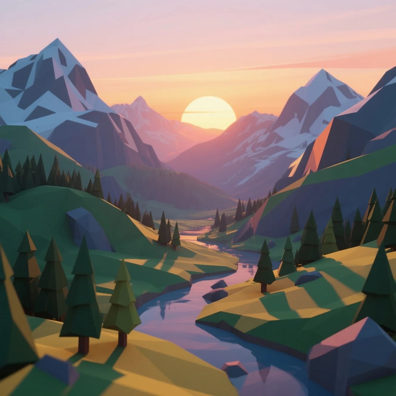 Render a low-poly alpine valley at sunset, clean gradients, long shadows.