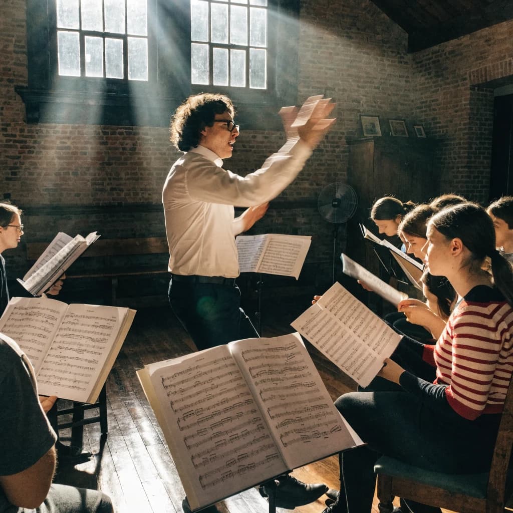 A choir rehearses in a brick hall as somewhat dramatic morning light falls through high windows, with a patient conductor mid-gesture, open scores, intent faces, slight motion blur.