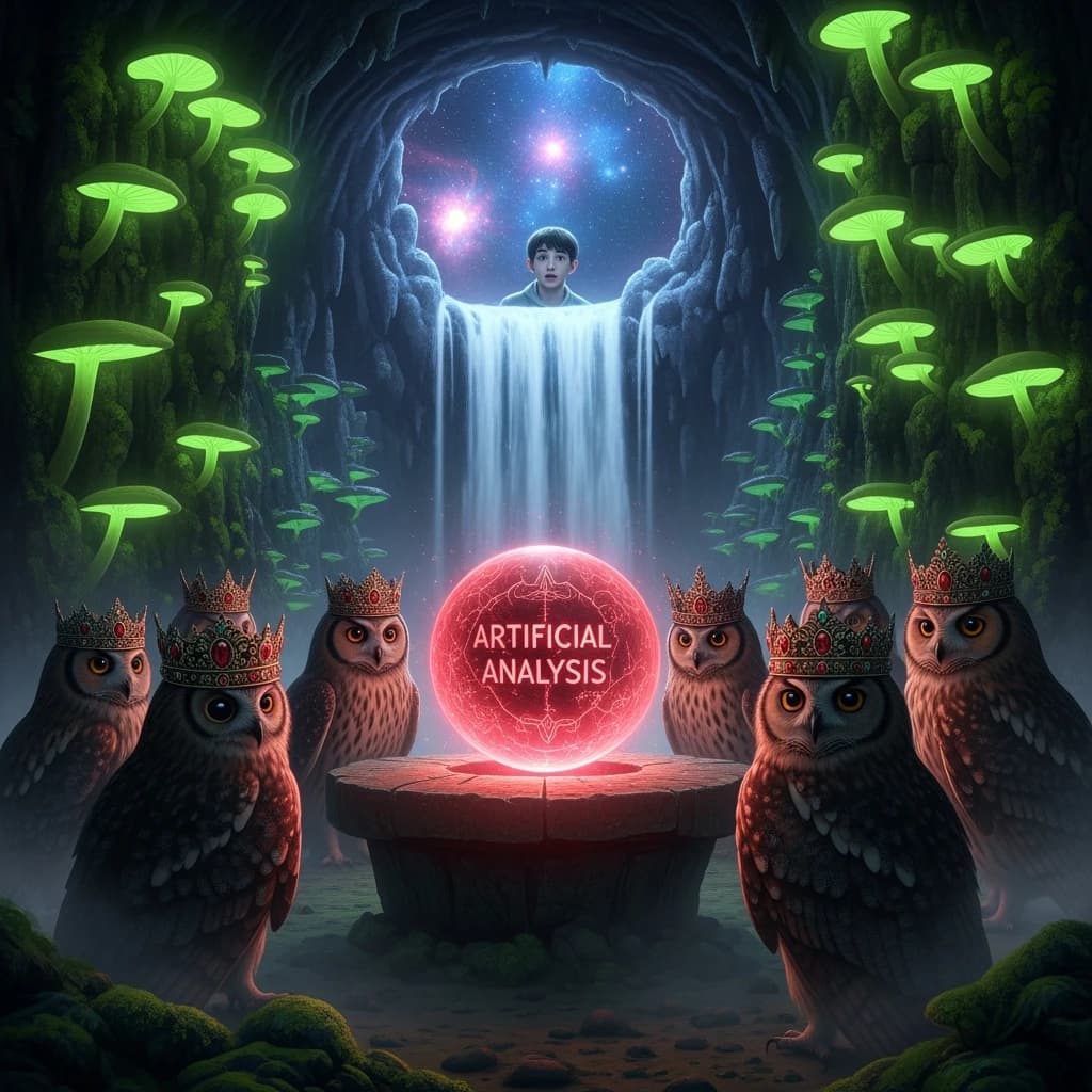 In a cavern lined with bioluminescent fungi glowing lime green, the council of owls wear jeweled crowns that glimmer with rubies, their wings folded behind their backs. Dust coats the stone table, a glowing orb inscribed with “Artificial Analysis” hovers above the table illuminating the owls with its red pulsating light. Behind them, a waterfall falls upward into a ceiling that opens onto stars - a child looks down in wonder from above at what he has stumbled across.