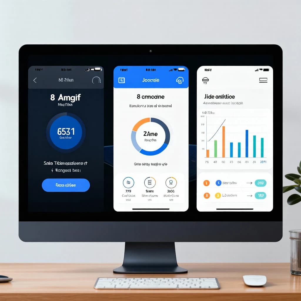 Sleek mobile fitness app screens on a desk: dark mode home, progress dashboard, simple onboarding, clear 8 pt grid, slightly oversized buttons for thumb reach, muted colors.