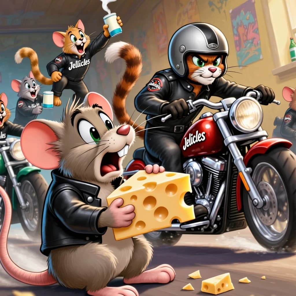 The cartoon rat clenches his thin wedge of cheese and trembles in fear as he hides from the menacing Jellicles, the roaming cat motorcycle gang, all wearing their colors with the name on the back. The cats have all drunk far too much milk and are causing a big ruckus! One cat is close to finding the rat