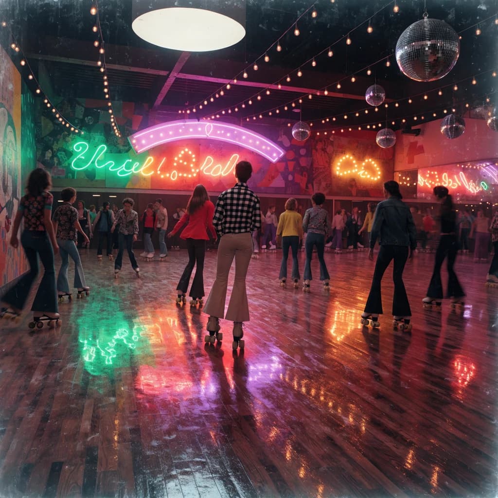 A 1970s roller rink crowd skates under neon, with a bit of fade and film grain.