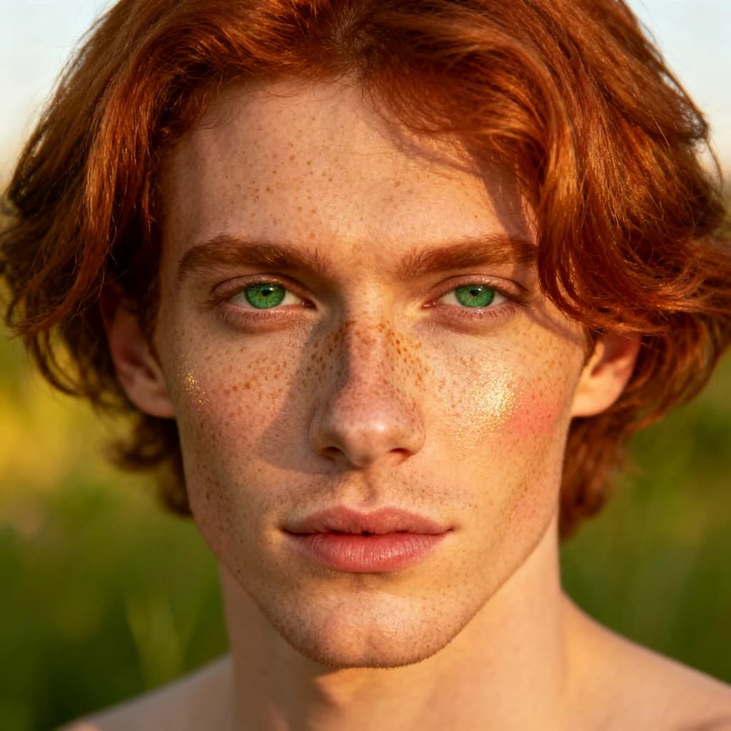 Shoot a natural light headshot of a red-haired man with freckles, green eyes.