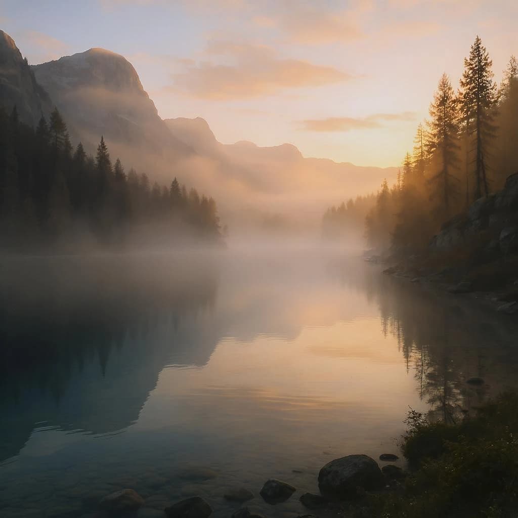 I want a photo of a misty alpine lake at dawn, pines, glassy water, warm light.