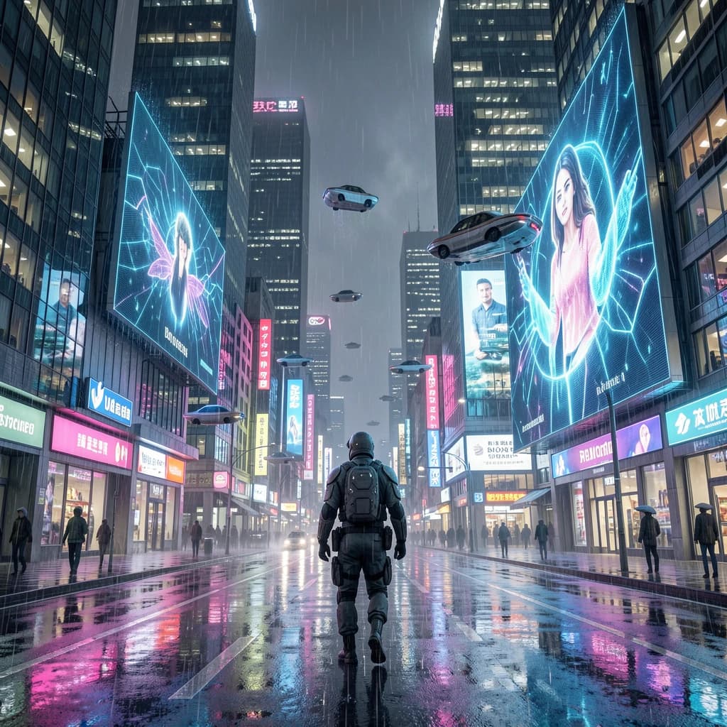 Rain-soaked neon megacity at night, flying taxis weave between glass towers, giant holograms flicker; a lone courier in a matte exosuit, somewhat cinematic wide angle.