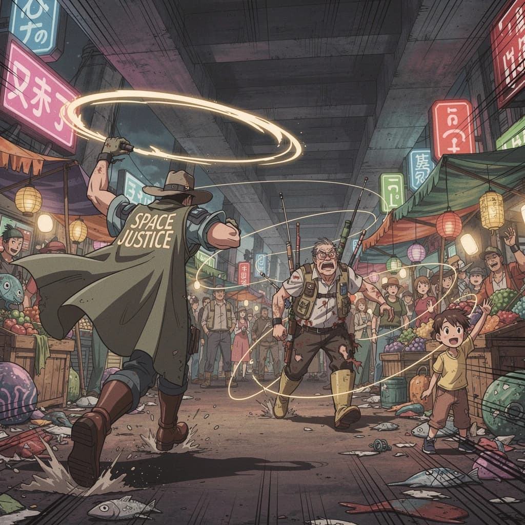 The space cowboy chases the deranged fisherman underneath the causeway, eager to collect on his bounty. Fishing rods and lines hang off the back off the fishermen as he darts between the bustling market crowd. We see the back of the space cowboy in his space poncho emblazoned with the words SPACE JUSTICE, spinning his lasso over his head. A child on the sidelines excitedly cheers the cowboy. 1990s hand drawn anime style with strong fluidity
