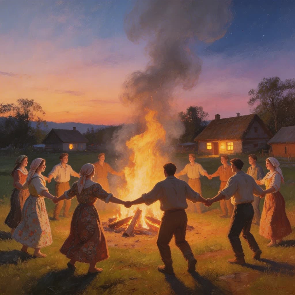 Make an oil painting of villagers dancing by a bonfire at dusk, a bit smoky.