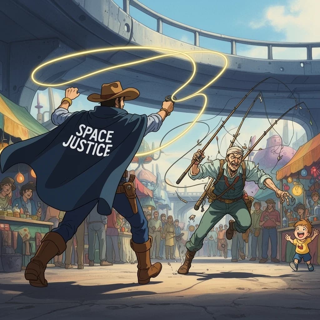 The space cowboy chases the deranged fisherman underneath the causeway, eager to collect on his bounty. Fishing rods and lines hang off the back off the fishermen as he darts between the bustling market crowd. We see the back of the space cowboy in his space poncho emblazoned with the words SPACE JUSTICE, spinning his lasso over his head. A child on the sidelines excitedly cheers the cowboy. 1990s hand drawn anime style with strong fluidity