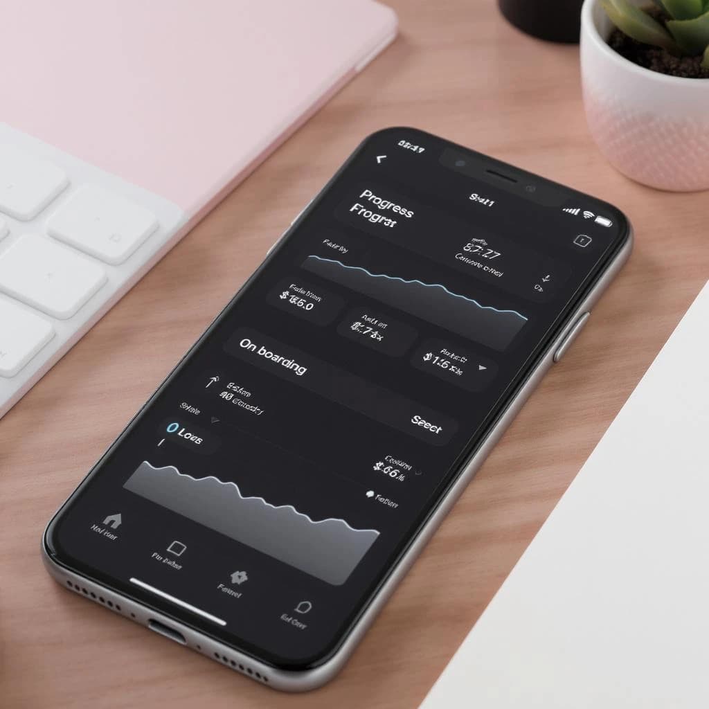 Sleek mobile fitness app screens on a desk: dark mode home, progress dashboard, simple onboarding, clear 8 pt grid, slightly oversized buttons for thumb reach, muted colors.