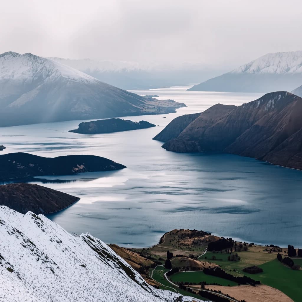 Queenstown's Lake Wakatipu, viewed from the top of Queenstown Hill after a snowstorm just dusted the top of Cecil's Peak