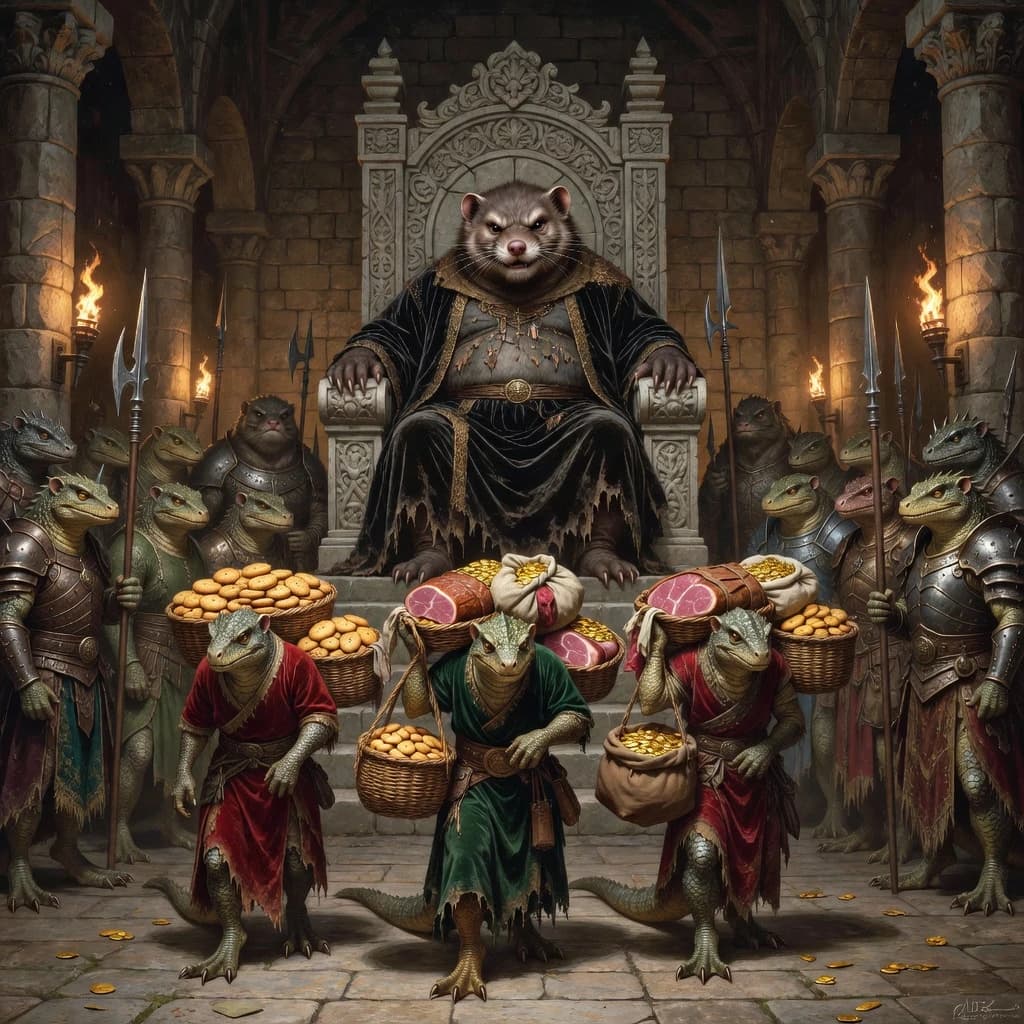 Big Weasel, the tyrannical ruler of the Levitus, slouches on his throne, his mood foul but somewhat brightened by the sight of gifts - a wearisome group of lizard traders adorned in fine silks proceed toward him through the hall with their annual tribute of biscuits, ham and gold - Big Weasel's favourites. Big Weasel's entourage looks on with stern approval.