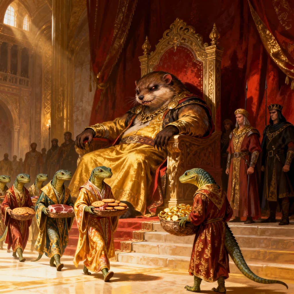 Big Weasel, the tyrannical ruler of the Levitus, slouches on his throne, his mood foul but somewhat brightened by the sight of gifts - a wearisome group of lizard traders adorned in fine silks proceed toward him through the hall with their annual tribute of biscuits, ham and gold - Big Weasel's favourites. Big Weasel's entourage looks on with stern approval.