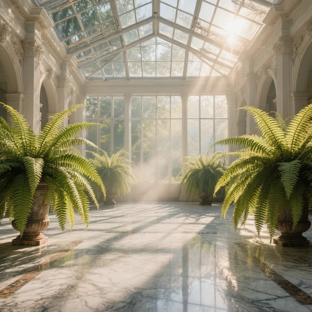 Sunlit atrium with glass ceiling, marble floor, ferns, a bit of morning haze.