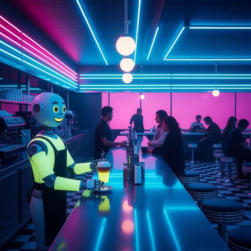 A smiling robot barista serves glowing lattes in a neon diner with bold lines.