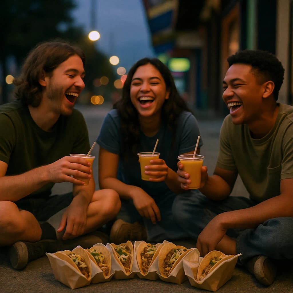 Friends laugh over street tacos at dusk, candid, shallow depth.