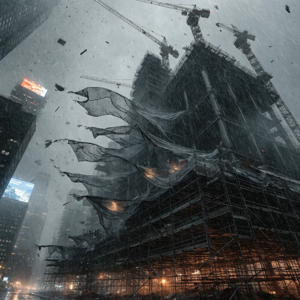 A construction site stretched upward into fog, cranes frozen in silhouette. Wind rattled scaffolding draped with torn mesh that glowed faintly from nearby billboards