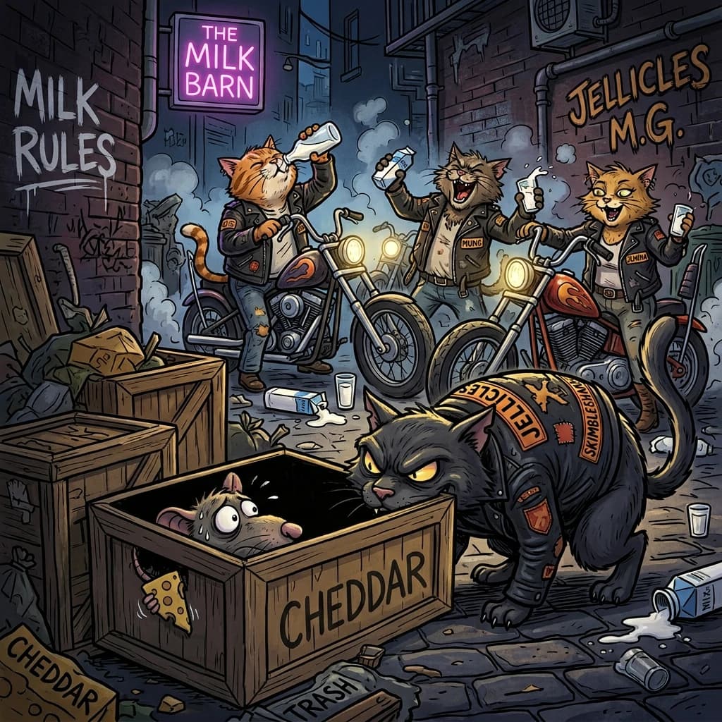 The cartoon rat clenches his thin wedge of cheese and trembles in fear as he hides from the menacing Jellicles, the roaming cat motorcycle gang, all wearing their colors with the name on the back. The cats have all drunk far too much milk and are causing a big ruckus! One cat is close to finding the rat