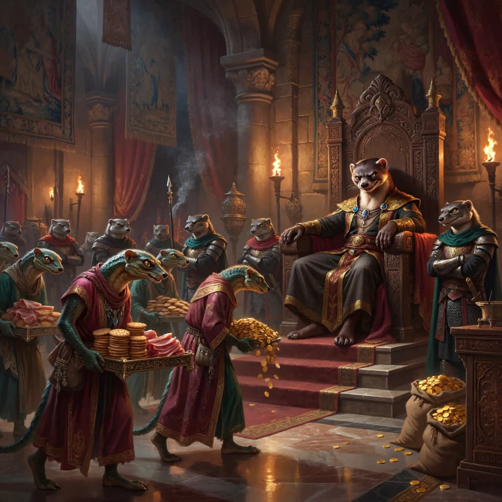 Big Weasel, the tyrannical ruler of the Levitus, slouches on his throne, his mood foul but somewhat brightened by the sight of gifts - a wearisome group of lizard traders adorned in fine silks proceed toward him through the hall with their annual tribute of biscuits, ham and gold - Big Weasel's favourites. Big Weasel's entourage looks on with stern approval.