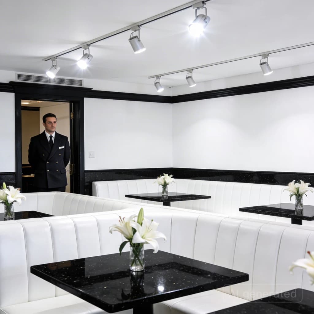 The place is almost empty. The banquettes are covered in white leather, the tables black granite, and the entire room is bathed in halogen track lighting that seems too bright. The maître d’ wears a double-breasted wool crepe jacket. There are lilies on every table.