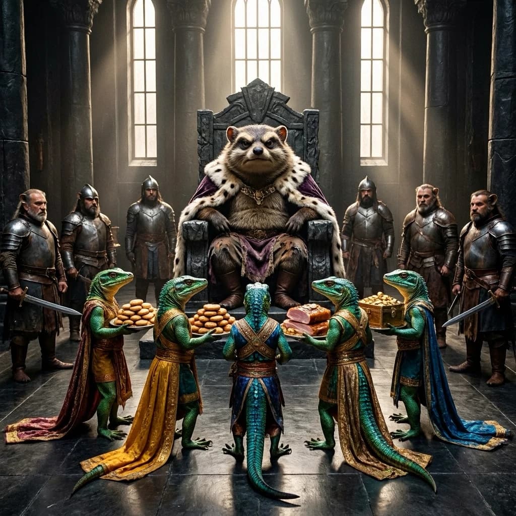 Big Weasel, the tyrannical ruler of the Levitus, slouches on his throne, his mood foul but somewhat brightened by the sight of gifts - a wearisome group of lizard traders adorned in fine silks proceed toward him through the hall with their annual tribute of biscuits, ham and gold - Big Weasel's favourites. Big Weasel's entourage looks on with stern approval.