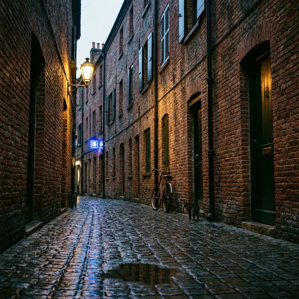 Show a narrow brick alley with wet cobblestones.