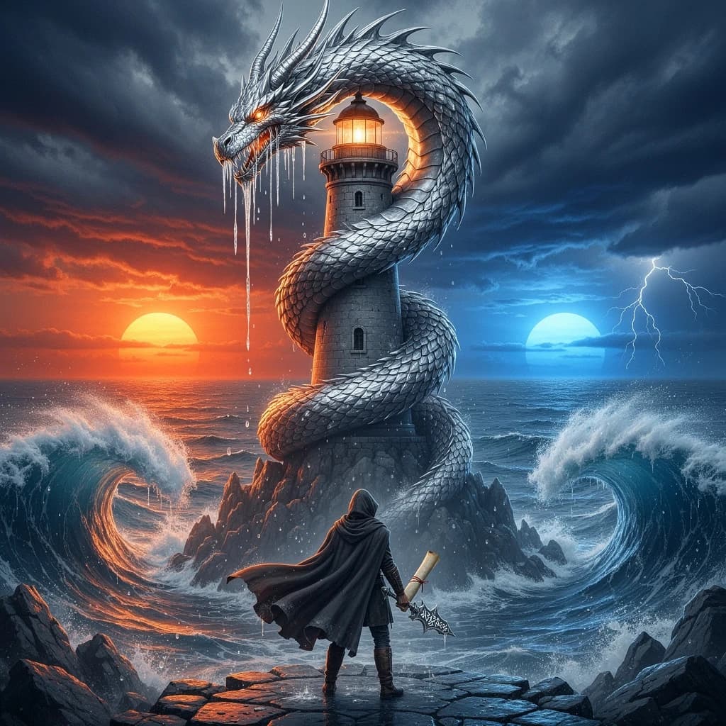 A dragon of molten silver coils around a lighthouse. The storming sea below crashes upward in frozen stillness, as though caught mid-motion. The dragon’s molten eyes drip tears of ice. On the horizon, two suns set next to each other, casting orange light on one side of the tower and blue on the other. A cloaked traveler carries an ancient weapon in his left hand and a scroll in his right.