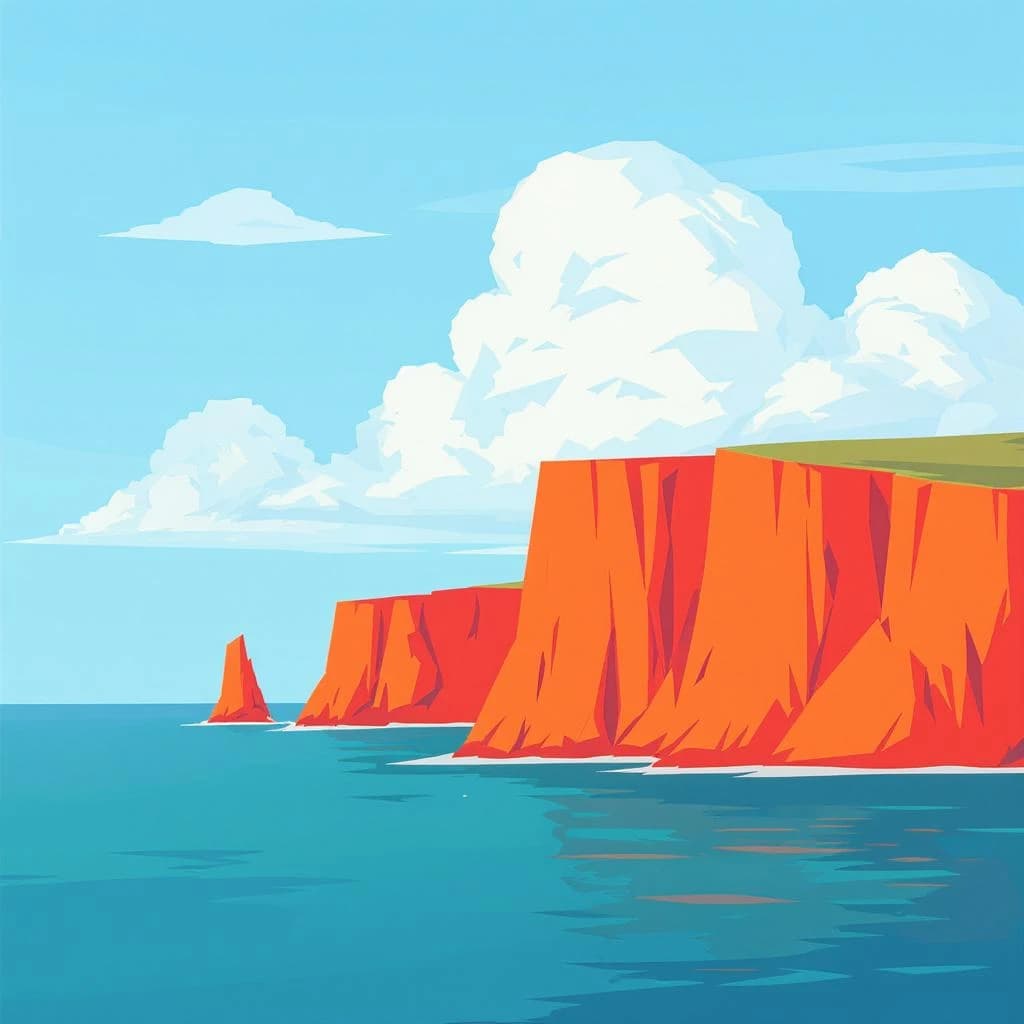 Bright cliffs over teal sea, fat clouds, bold outlines and flat shading.